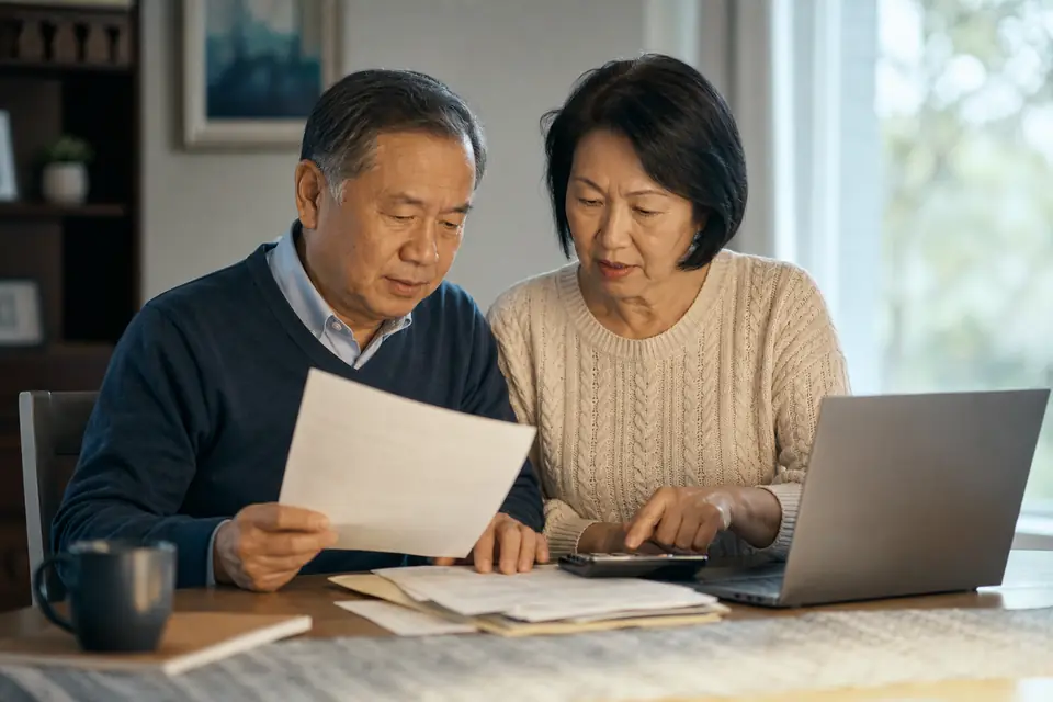 Older couple comparing a printed tax return with a laptop and calculator at home