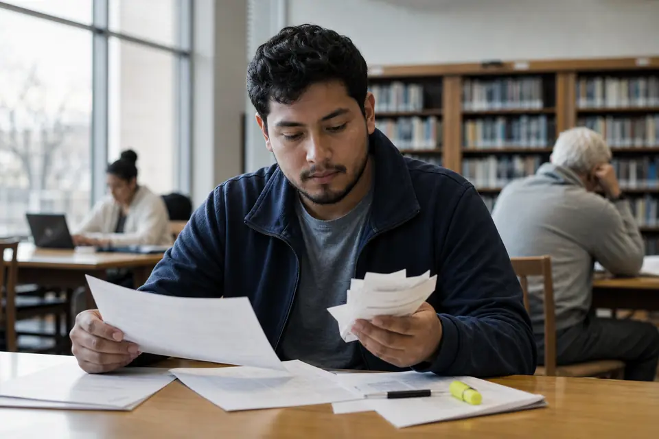 Young man in a library comparing photocopied receipts with a printed letter