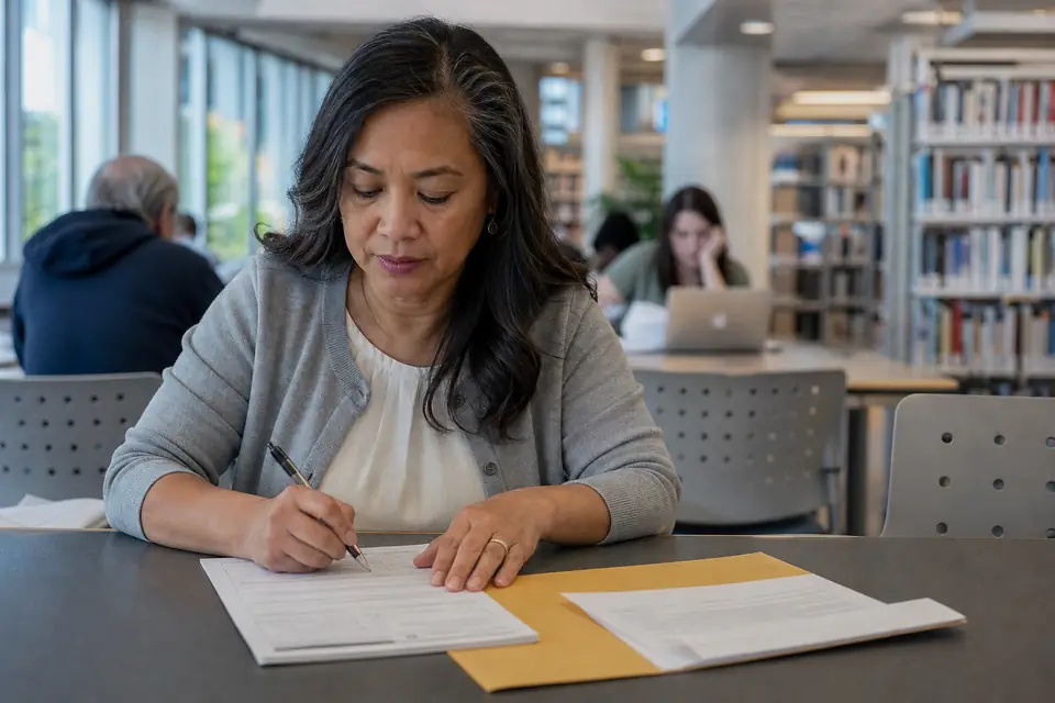Woman filling out a form at a public library table