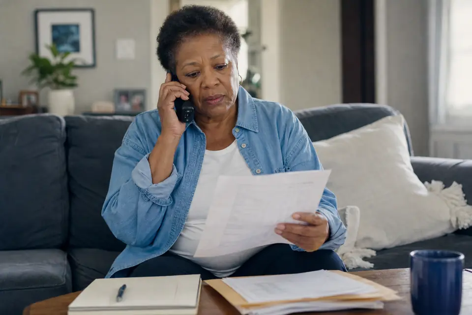 Older woman on the phone with a folder of bills on her lap