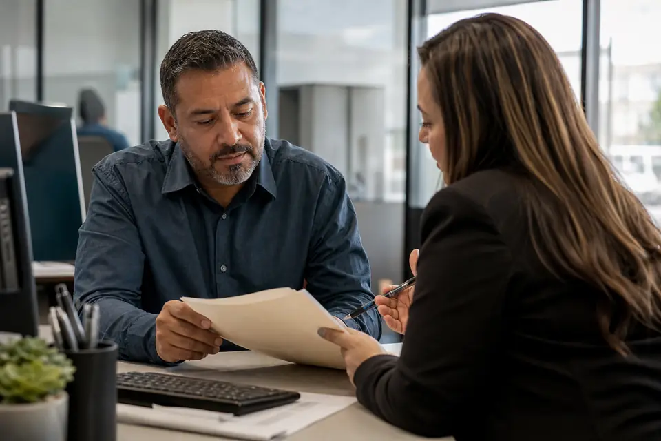 Man reviewing documents with a loan officer at a credit union desk