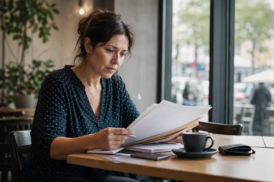 Woman at a café table reviewing a folder of papers with a cup of coffee