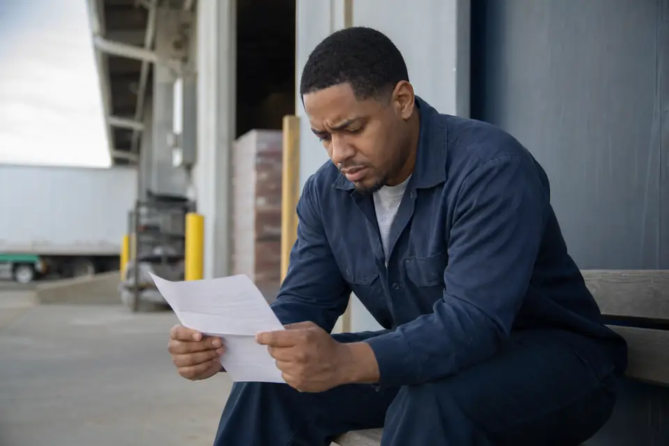 Young man on a work break reading a pay stub outside a warehouse