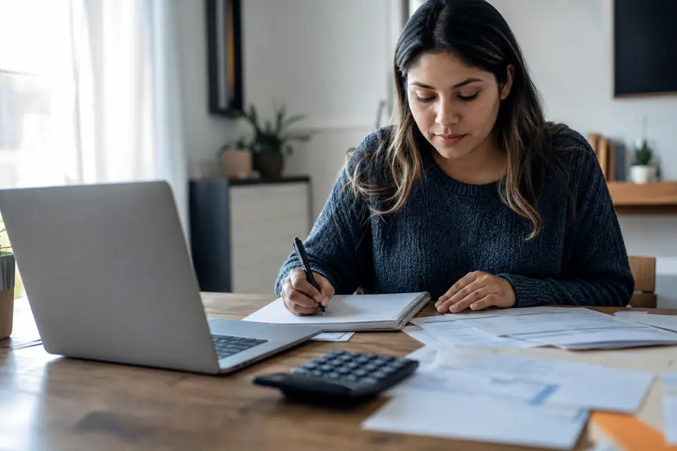 Woman at a home desk working out a monthly budget beside her laptop