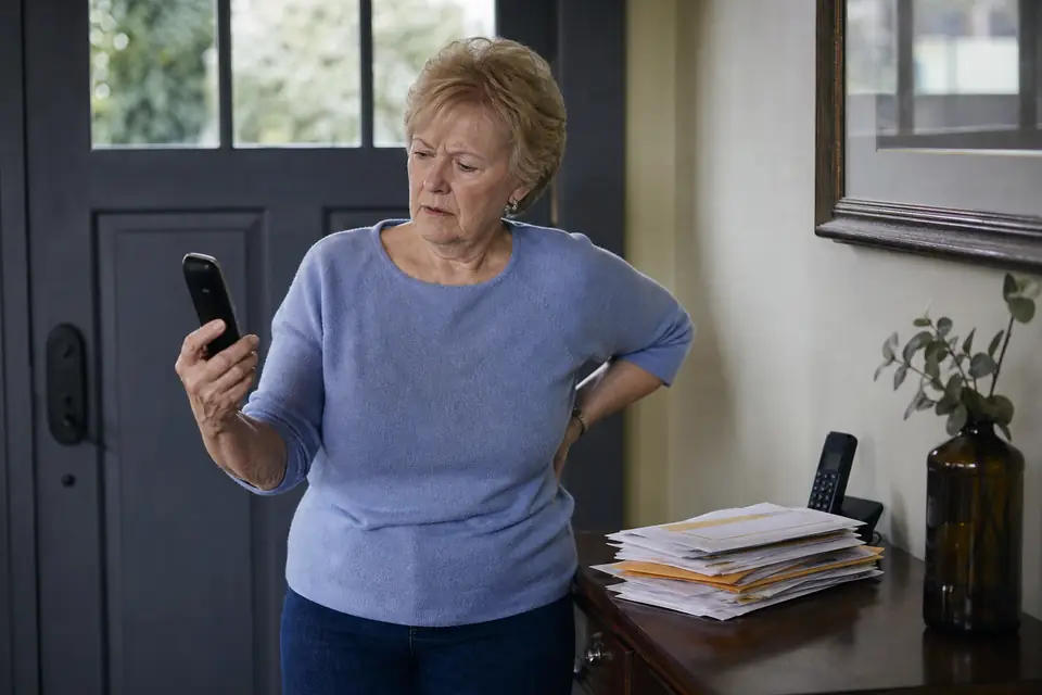 Older woman holding a phone away from her ear with a skeptical look at home