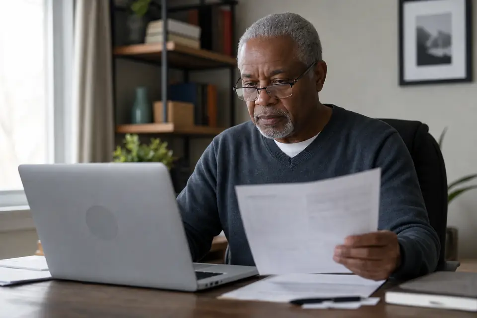 Retired man with reading glasses checking a laptop while holding a printed page