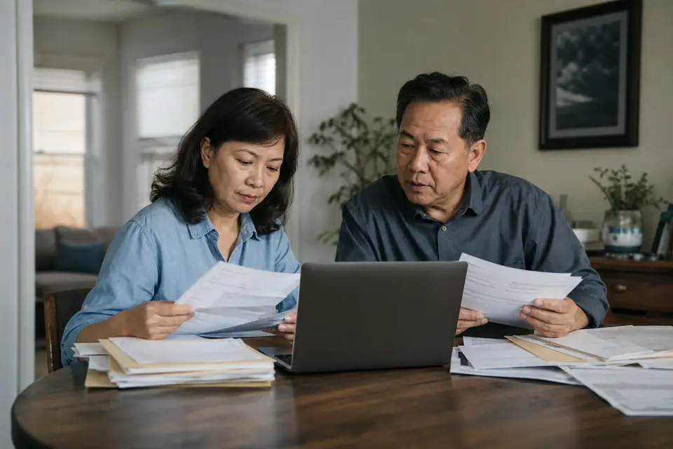 Couple sorting financial papers into folders at a dining table