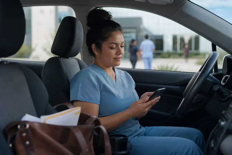Woman in medical scrubs checking her phone while sitting in a parked car