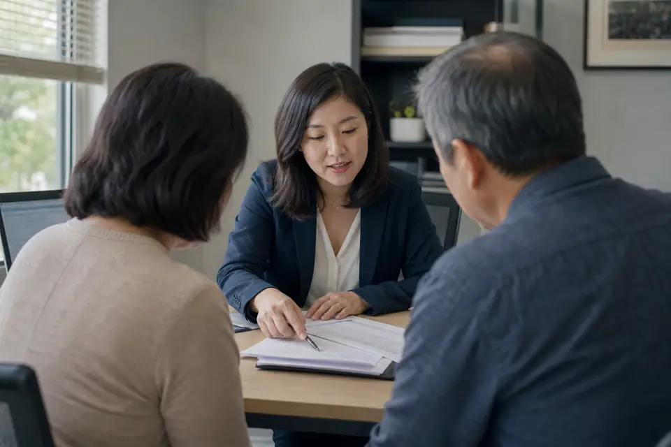 Accountant explaining a document to a couple across a desk in a small office