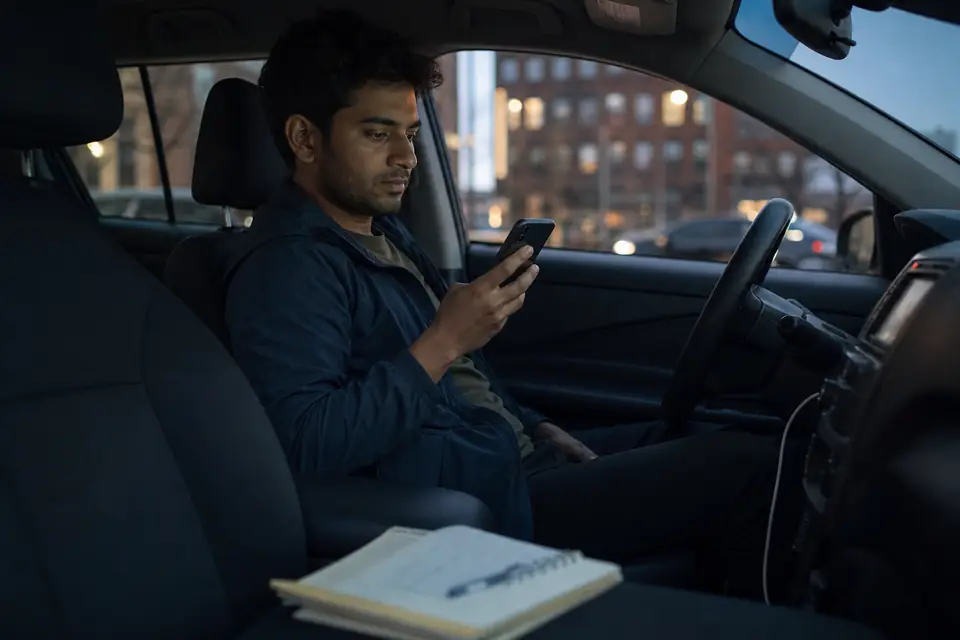 Delivery driver in a parked car checking his phone beside a mileage log