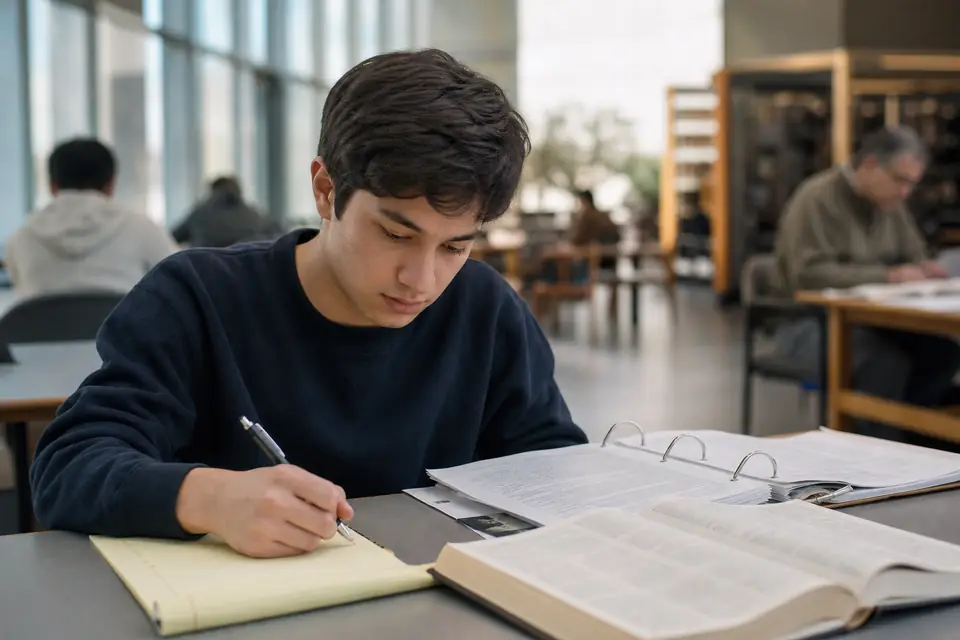 Student in a library reading a thick reference book and taking notes