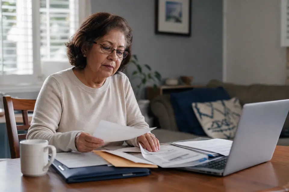 Retired woman sorting opened mail and tax papers at a living room desk