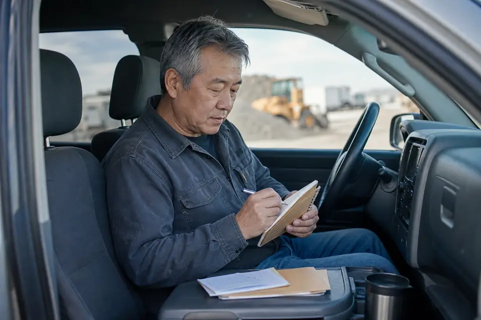 Contractor in a parked pickup truck writing trip miles in a notebook