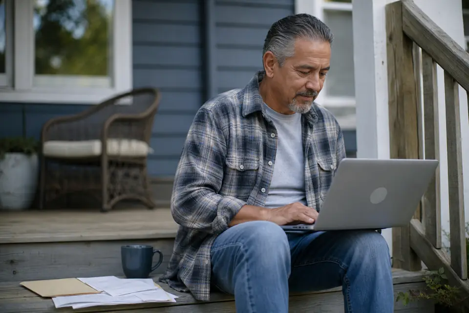 Man in his fifties reviewing retirement benefits on a laptop on a porch