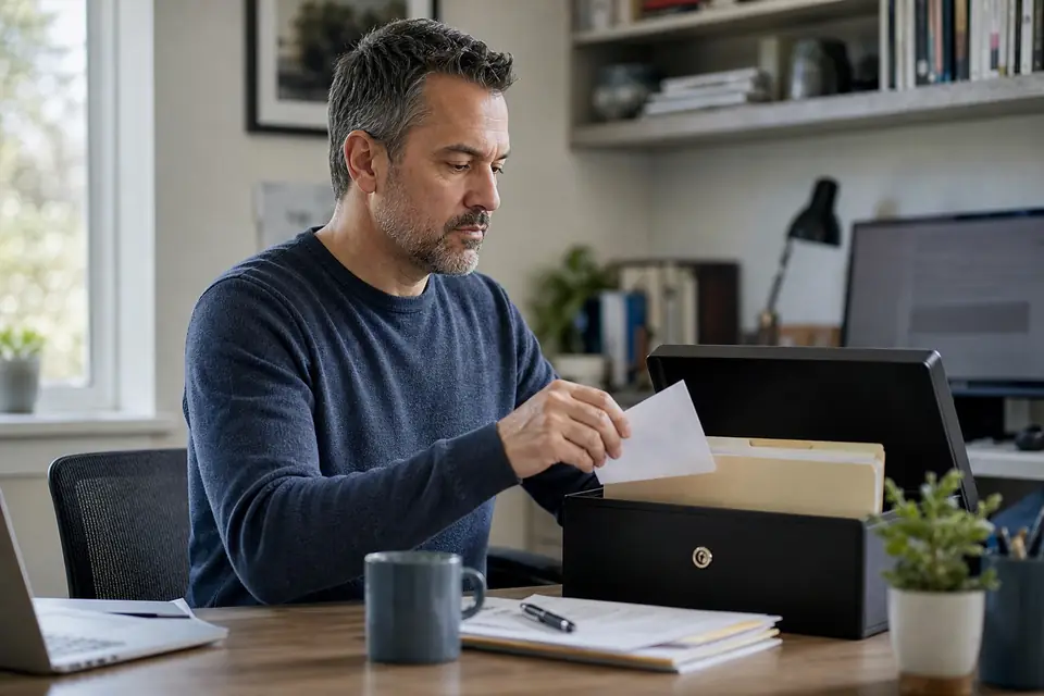 Man filing an opened IRS letter into a secure document box at his desk
