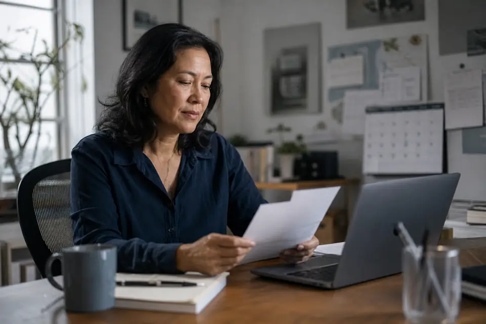 Freelancer in a small studio office reading a letter beside a laptop