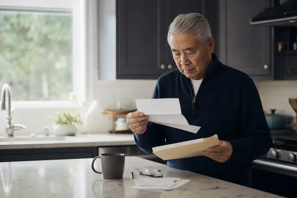 Retired man reading an opened letter at a kitchen island