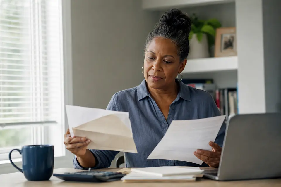 Woman at a home office desk comparing an IRS letter with her tax return