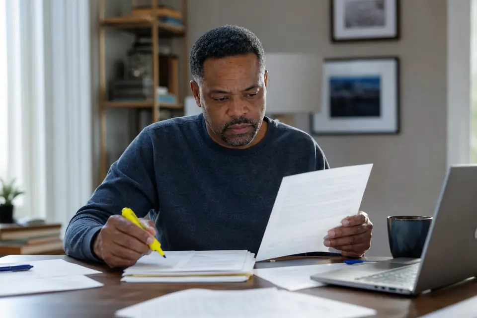 Man at a home desk comparing a tax notice with his income forms