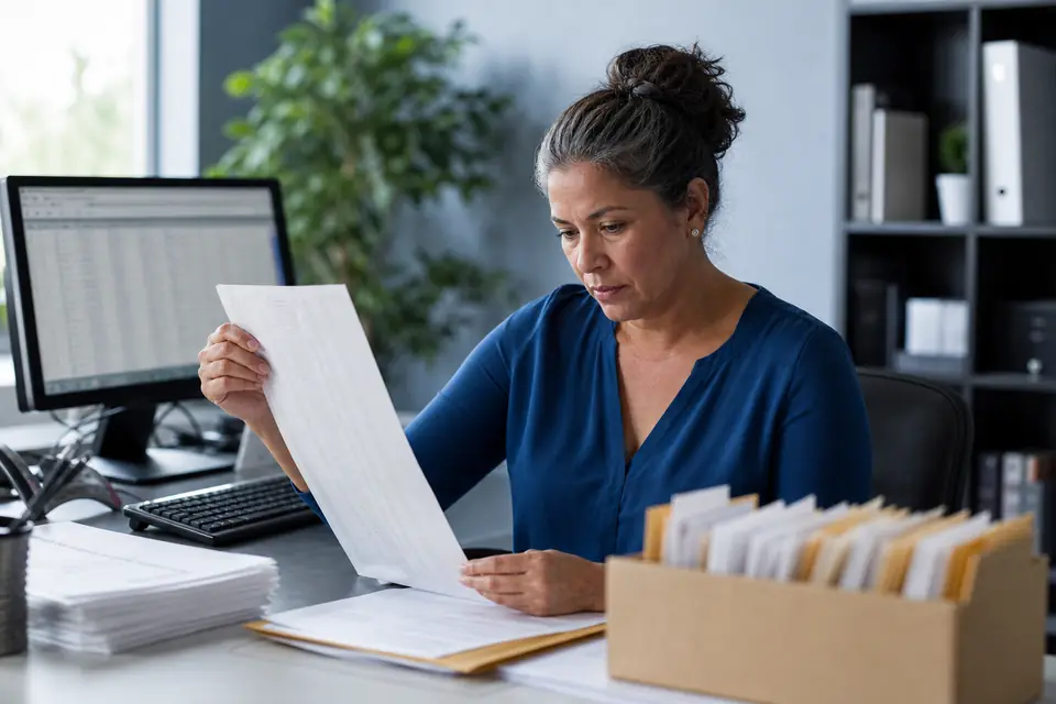Office manager comparing a printed list with a spreadsheet on her monitor