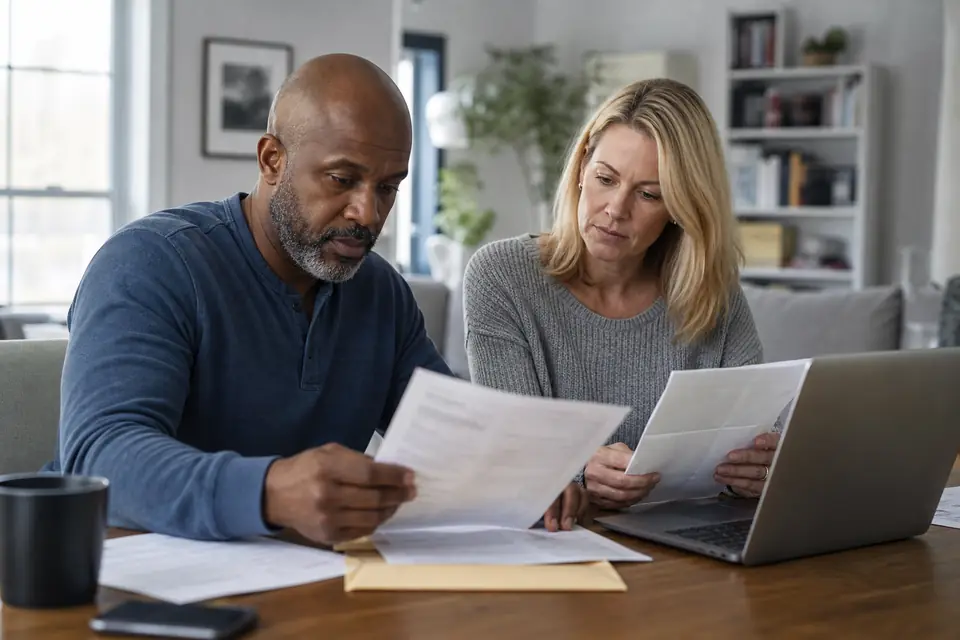 Couple at a dining table reviewing a tax form, a letter and a laptop