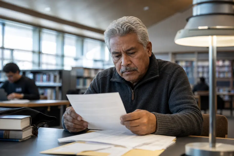 Older man at a library table reading a one-page letter