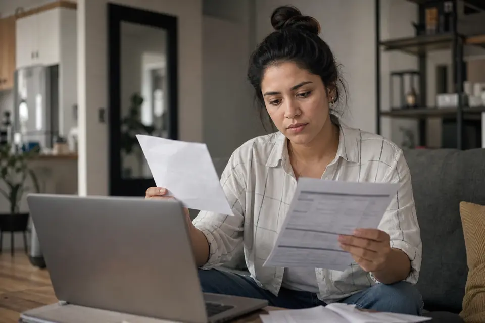 Young woman on a couch reviewing a letter and a bank statement