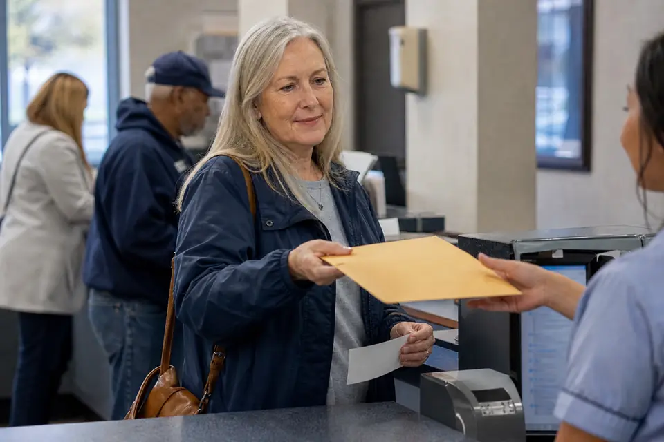 Older woman mailing a large envelope at a post office counter