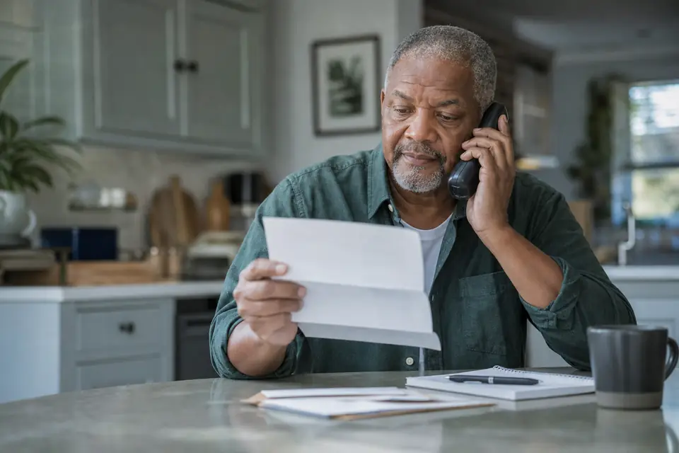 Older man at a counter holding a phone and an opened letter, with a notepad