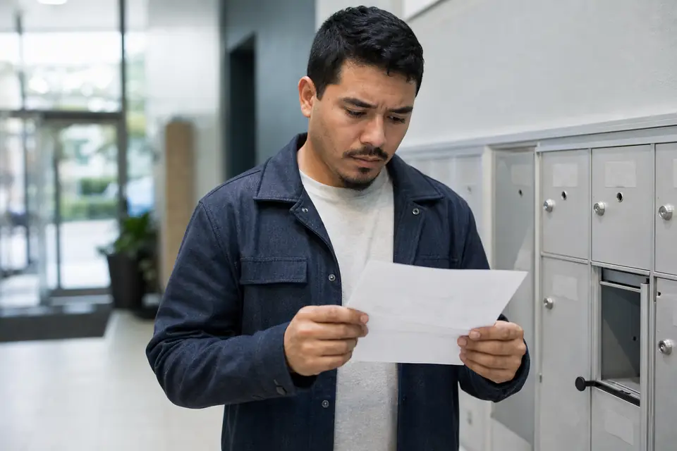 Young man reading an opened letter next to apartment building mailboxes