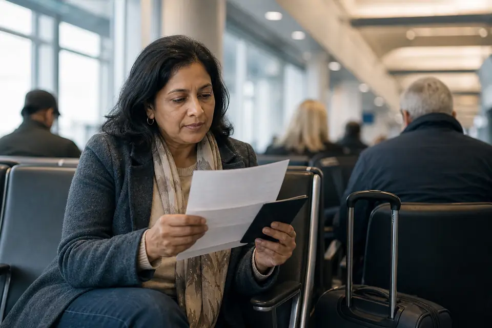 Woman at an airport gate reading a letter while holding her passport