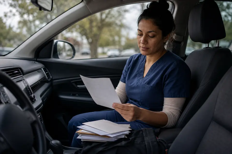 Woman in scrubs reading a letter from a stack of mail in her car