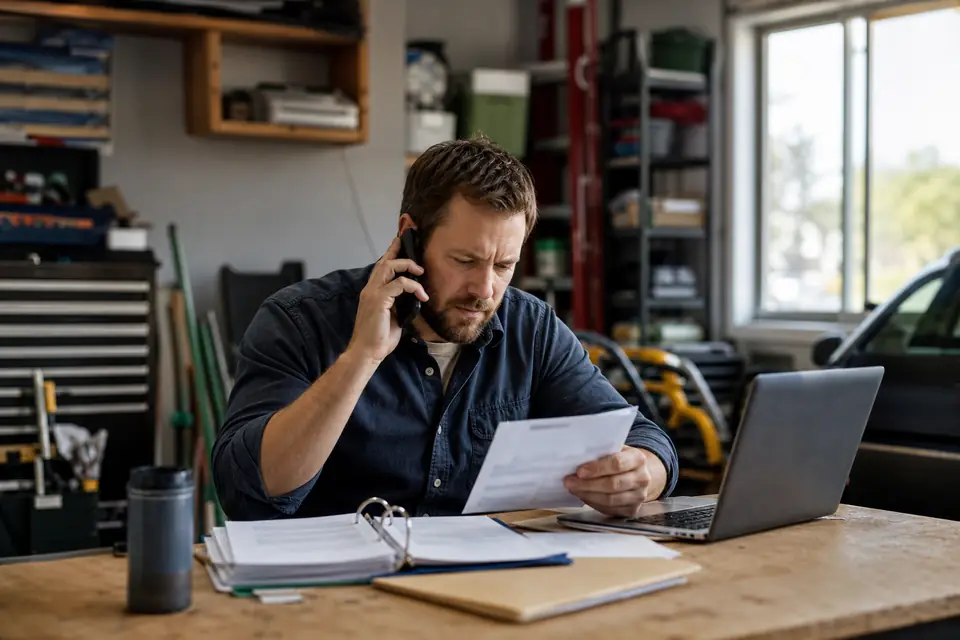 Man at a garage workbench on the phone holding a letter and folder