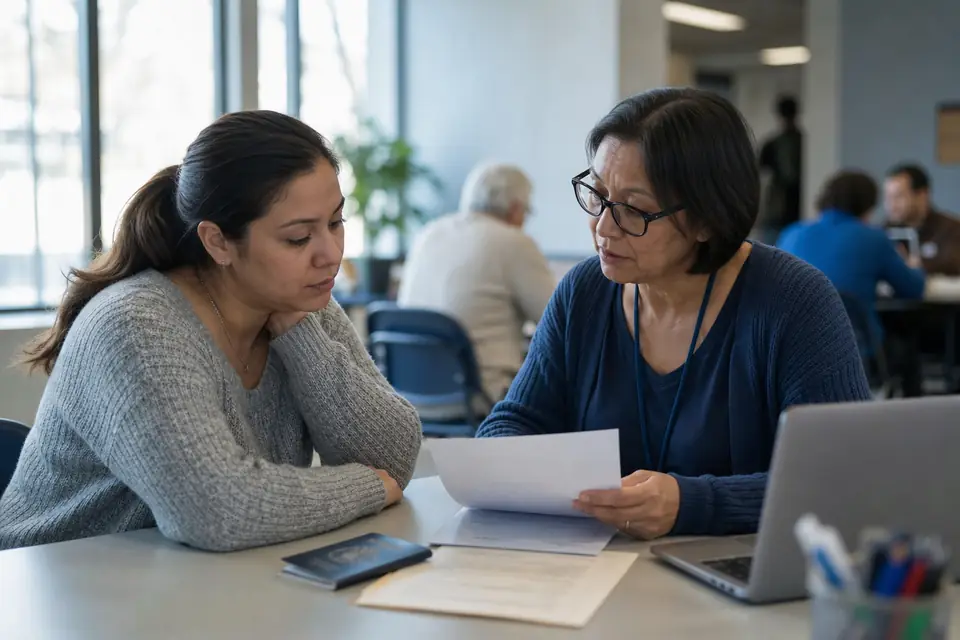 Woman and a volunteer reviewing a letter and passport at a community center