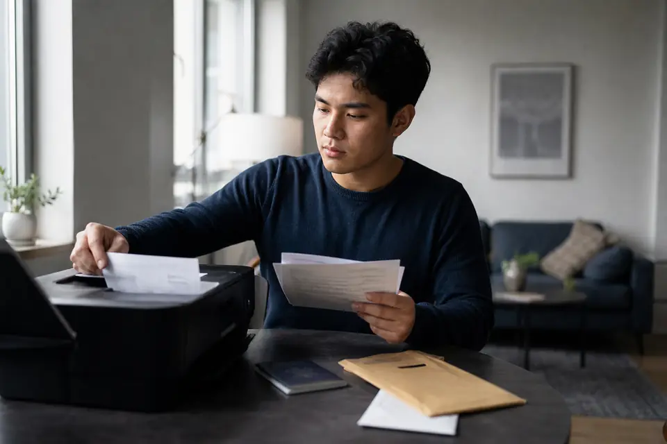 Man copying passport pages on a home printer next to an envelope