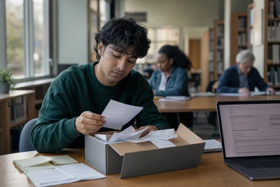 Young man at a library table sorting old tax forms next to a laptop