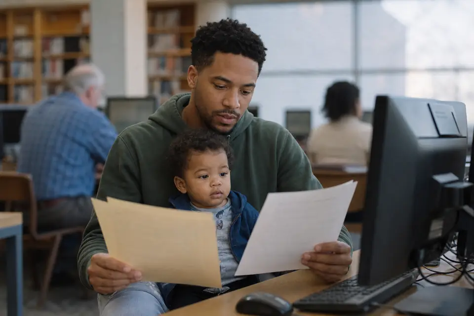 Young father at a library computer holding school and lease papers