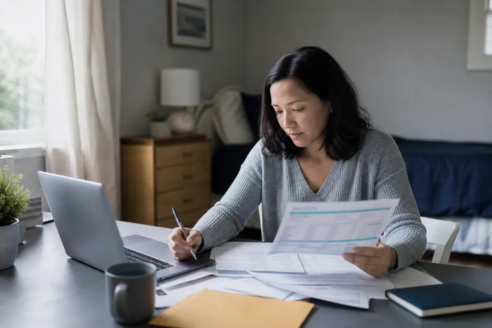 Mother at a small desk filling out a tax form beside a health insurance statement