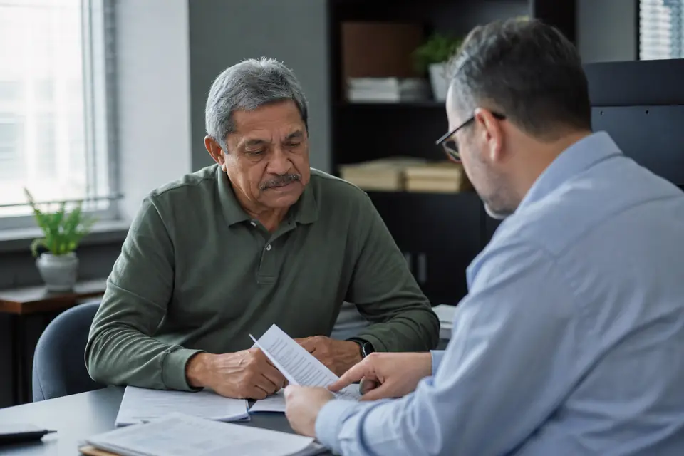 Older man and a tax professional reviewing a report at an office desk