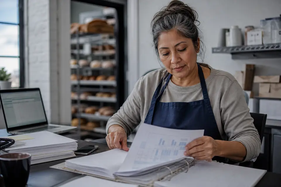 Bakery owner reviewing a binder of records and a report in her back office