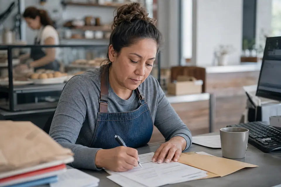 Bakery owner at a back-office desk filling out a form beside an envelope