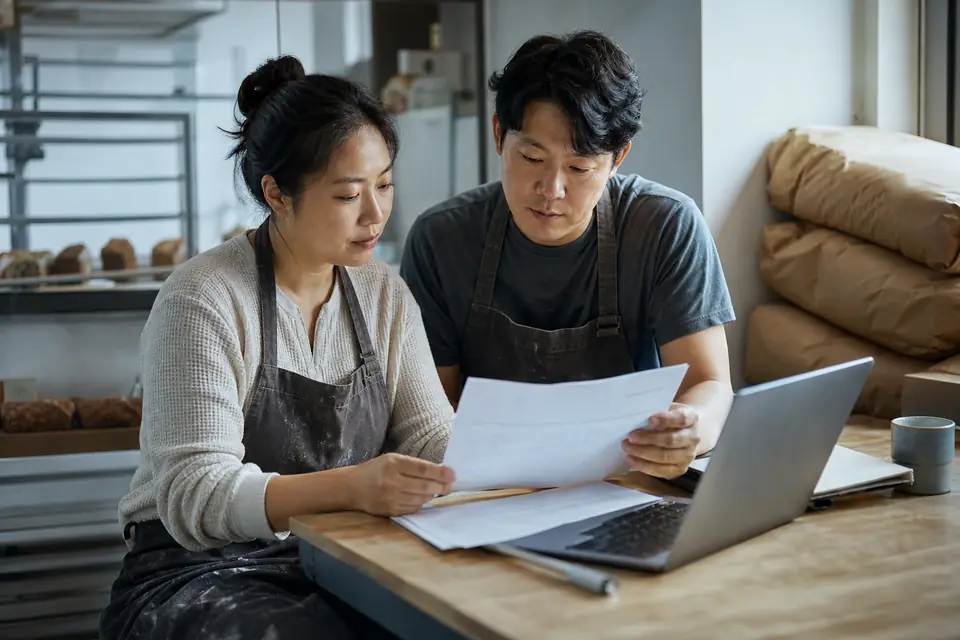 Bakery owners reviewing payroll papers and a laptop in a back office