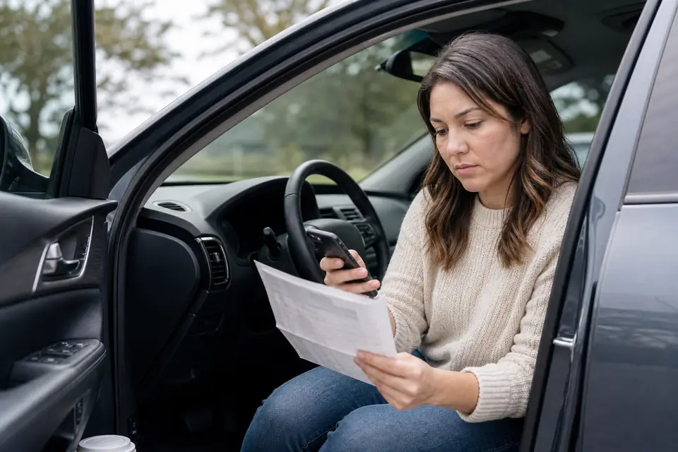 Woman in a parked car checking a payment amount on her phone