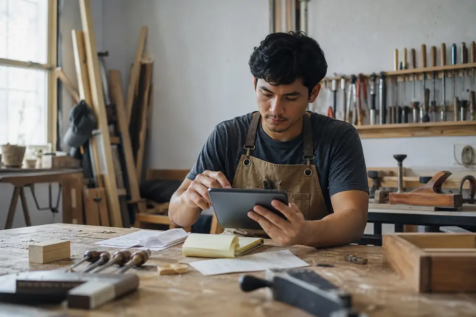 Self-employed woodworker entering business receipts on a tablet in his shop